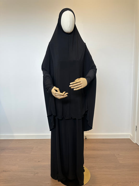 Black Jilbab Set With Skirt and Cap